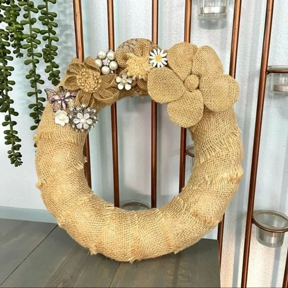 Handmade Burlap Wreath Embellished with a Bow Christmas Holiday Decor Gift Idea